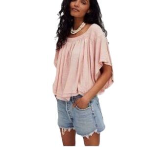 Free People Womens Sunsetter Top Size L Pink Linen Blend Kimono Sleeve Flowy